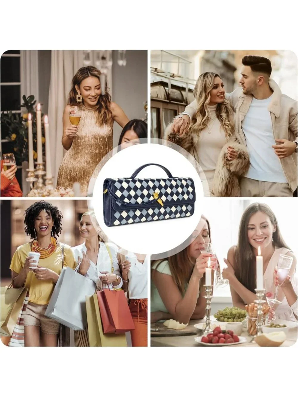 Women Mixed Ocean Woven Vegan Leather Clutch Purse Formal Evening Crossbody Bag